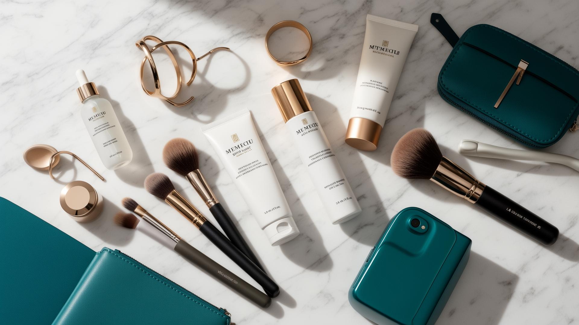 Beauty products and tools arranged on marble